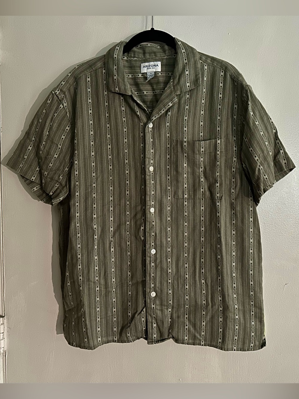 Arizona Olive Green Indie Pattern Linen Blend Boxy Button Up Shirt Medium